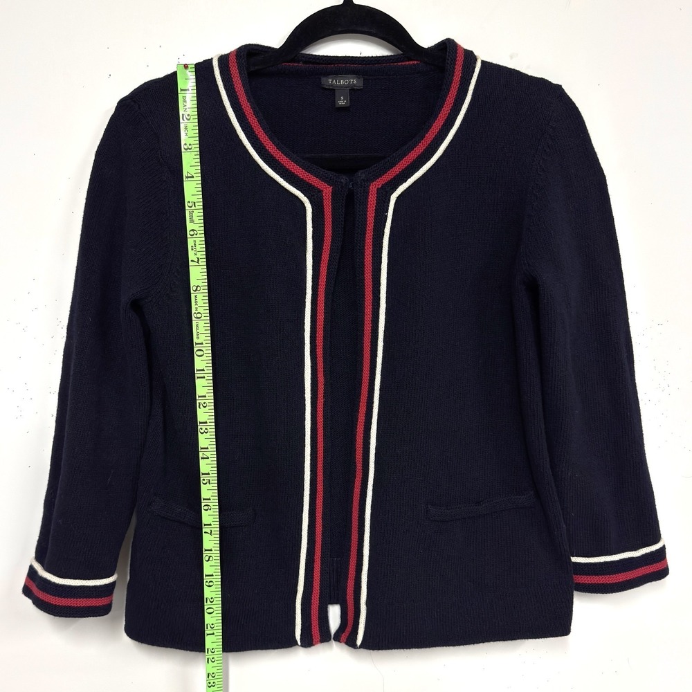Talbots Cotton Open Cardigan, Sz Small, Navy Red White 3/4 Sleeve Pockets Boxy - Picture 6 of 8